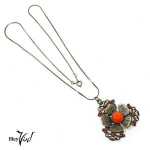 Vintage Pendant Necklace Chain w Fancy Flower Orange Bead Accent - Hey Viv